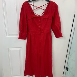 Red Button-Front Midi Dress with Crisscross Back